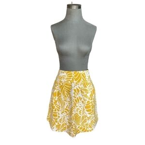 Women’s Skirt Ann Taylor LOFT Yellow White Leaf Print Linen Pull On Mini Skirt